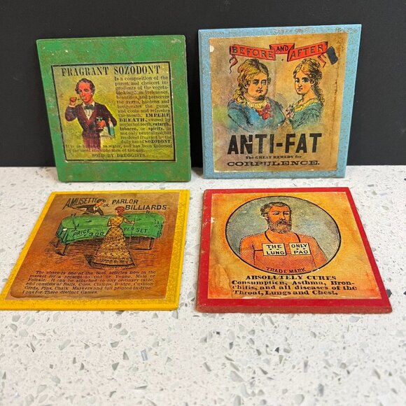 Vintage Coasters "Anti-Fat", "Sozodont", "The Lung Pad", "Parlor Billiards" - Picture 1 of 7